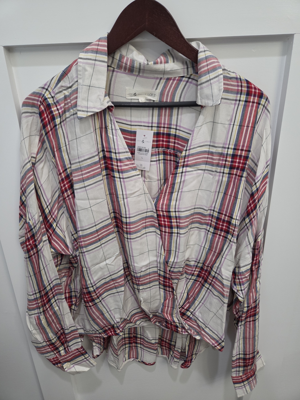 LOFT White, Red and Navy Plaid Casual Button-Down Shirt